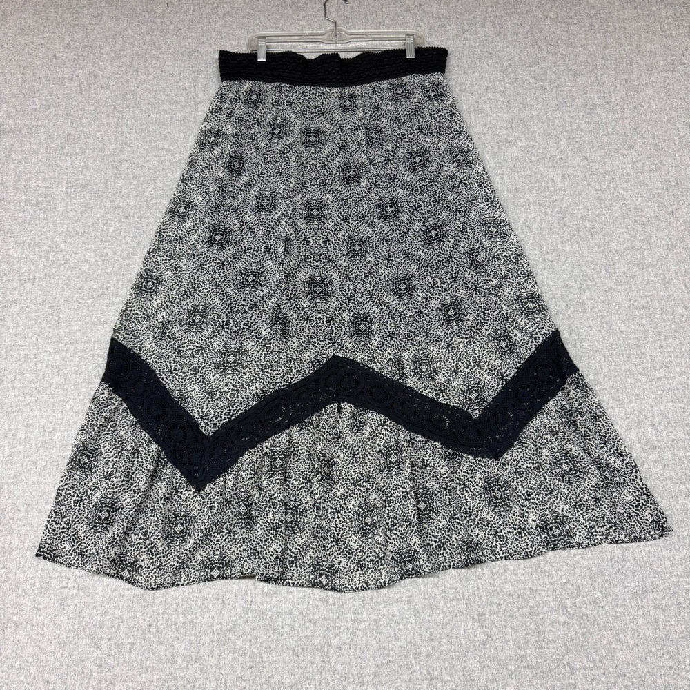 Lapis Maxi Skirt Large Black White Geometric Print Crochet Lace Smocked Waist L